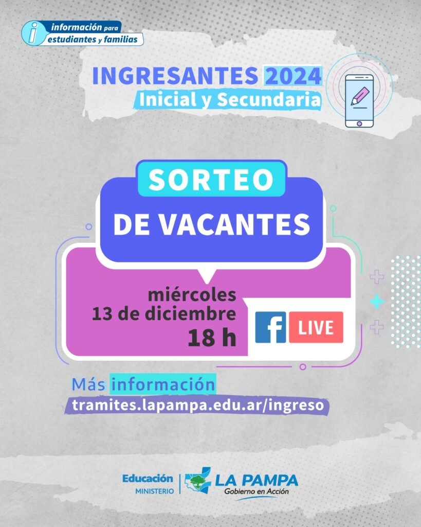 Sortearán vacantes para ingresantes a Inicial y Secundaria en 2024